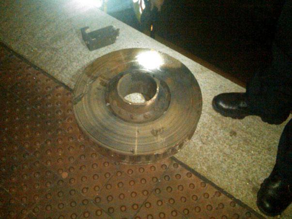 This friction ring, part of the brake system on trains, fell from a railcar in December. The same part broke off another train on Friday. 