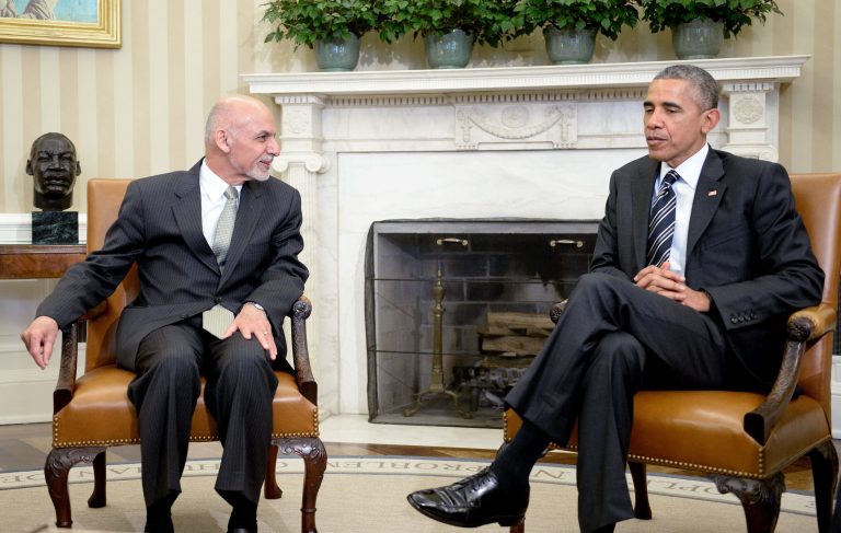 WASHINGTON, DC - MARCH 24: U.S. President Barack Obama speaks to Afghan President Ghani during a restricted bilateral meeting in the Oval Office of the White House March 24, 2015 in Washington, DC. This marks the first meeting between the two presidents at the White House following the 2014 presidential election, which produced the first democratic transfer of power in Afghanistan's history. (Photo by Olivier Douliery-Pool/Getty Images)