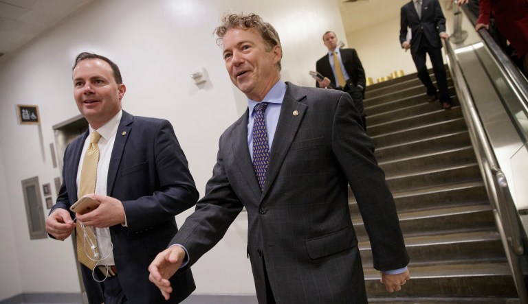 Sens. Rand Paul, R-Ky., (right) and Mike Lee, R-Utah, (left) said they would go that far to oppose a permanent authorization of Section 702 of the FISA law. (AP Photo/J. Scott Applewhite)