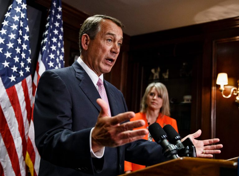 House Speaker John Boehner of Ohio, joined by Rep. Renee Ellmers, R-N.C., talks to reporters following a Republican strategy meeting on Capitol Hill in Washington, Tuesday, April 29, 2014. Boehner said he was just teasing when he recently ridiculed fellow House Republicans on their reluctance to act on immigration legislation. (AP Photo)