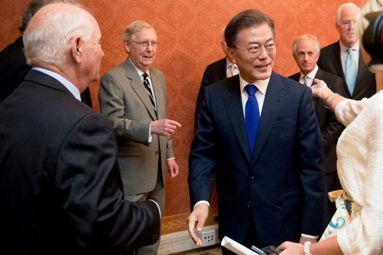 South Korean President Moon Jae-in recently arrived in the U.S. to discuss about national security and foreign trade. (AP Photo/Andrew Harnik)
