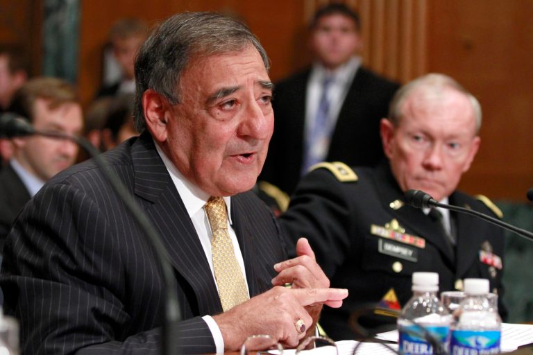  Defense Secretary Leon Panetta, left, accompanied by Joint Chefs Chairman Gen. Martin Dempsey testifies on Capitol Hill in Washington, Wednesday, June 13, 2012, before the Senate Defense subcommittee hearing on the the Defense Department's fiscal 2013 budget. (AP Photo/Jacquelyn Martin)  