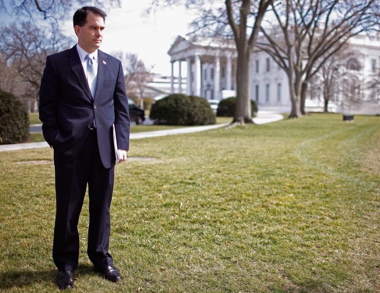 Wisconsin Gov. Scott Walker stands on the North Lawn of the White House before making remarks to the news media after a meeting of the National Governors Association with President Barack Obama February 27, 2012 in Washington, DC. (Photo by Chip Somodevilla/Getty images)