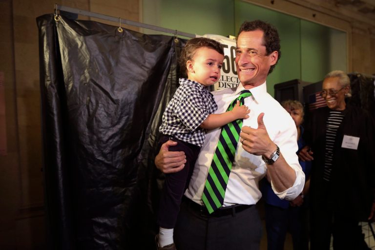 Child welfare officials showed up at Weiner's apartment, but it is not clear if they gained access. (AP Photo/Mary Altaffer)
