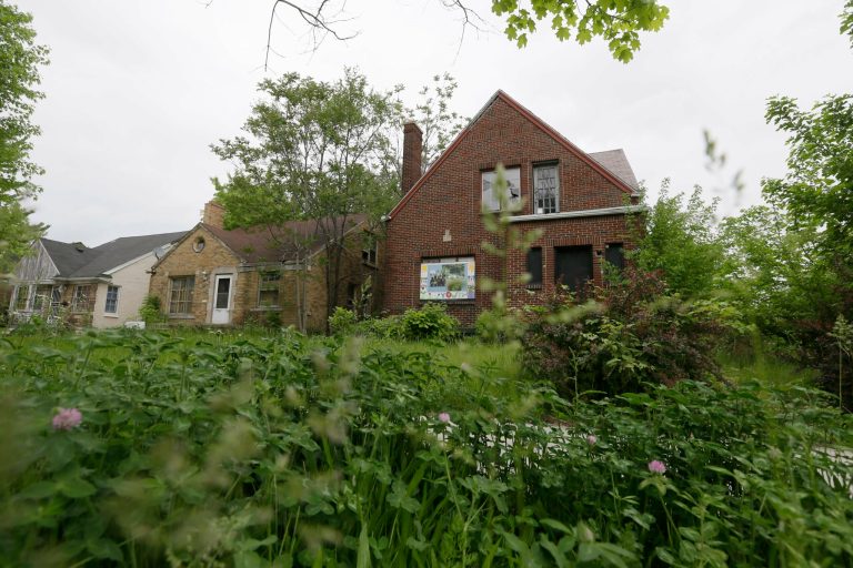 Grass and weeds grow in front of two vacant homes in Detroit, Tuesday, May 27, 2014. Removing blighted residential properties, lots and vacant commercial structures that have plagued Detroit neighborhoods for decades would cost $850 million, a task force said Tuesday. The study by the Detroit Blight Removal Task Force is part of efforts announced last year by the administration of President Barack Obama to help Detroit, which is trying to work through the largest municipal bankruptcy in U.S. history. (AP Photo/Carlos Osorio)