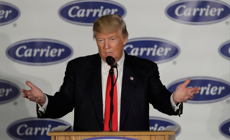 Within a week of Trump's tweet, Carrier announced its intent to keep jobs in Indiana, and President-elect Trump was claiming that the company was keeping 1,100 job in the state rather than moving them to Mexico. (AP Photo/Darron Cummings)