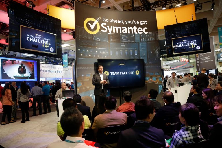 A presentation is made in the Symantec booth during the RSA Conference on Wednesday, April 22, 2015, in San Francisco. (AP Photo)Â 