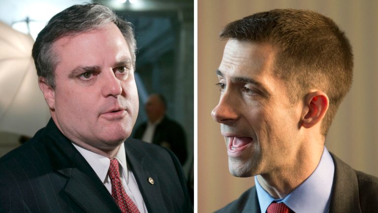Democratic Sen. Mark Pryor is locked in a tight battle against likely Republican nominee Rep. Tom Cotton, with many voters undecided more than a year before the election, according a poll released by the University of Arkansas on Wednesday.ÃÂ (AP Photo/Danny Johnston andÃÂ Manuel Balce Ceneta, File)