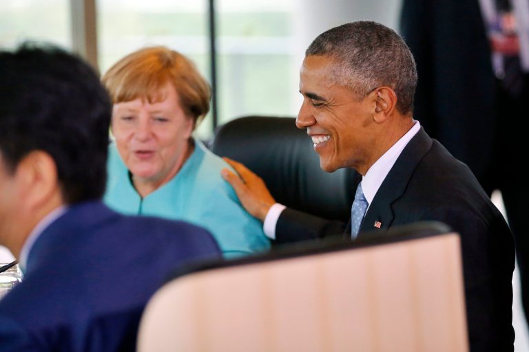 U.S. President Barack Obama, right, chats with German Chancellor Angela Merkel during Session 2 at the Group of Seven summit in Shima, central Japan, Thursday, May 26, 2016. Germany topped the U.S. in a new world quality index. (Carlos Barria/Pool Photo via AP)