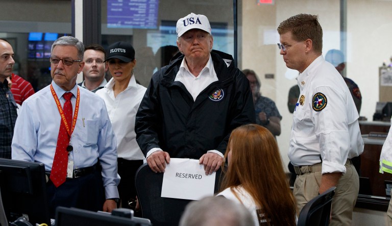 President Trump joked during a briefing at an emergency operations center in Austin, Texas, that Harvey, the moniker given to the storm slamming the Gulf Coast, sounds like a pleasant name. (AP Photo/Evan Vucci)