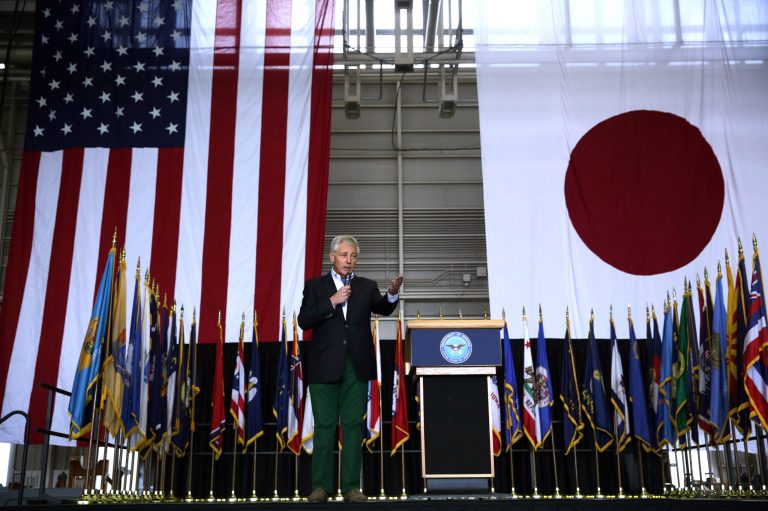 Secretary of Defense Chuck Hagel speaks to both U.S. and Japanese troops on Saturday at Yokota Air Force Base in Fussa, Japan. (AP Photo/Alex Wong, Pool)