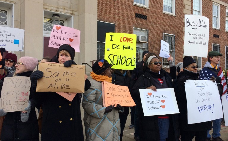 Newly sworn-in Secretary of Education Betsy DeVos was met by protesters in Washington, D.C., who intended to make good on the threat to block her at every turn. (AP Photo/Maria Danilova)