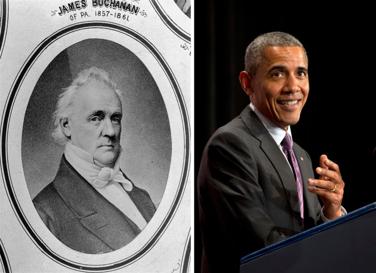 James Buchanan, the 15th U.S. President, is shown in an undated portrait. President Obama, right, is the 44th and current U.S. president. (AP Photos)