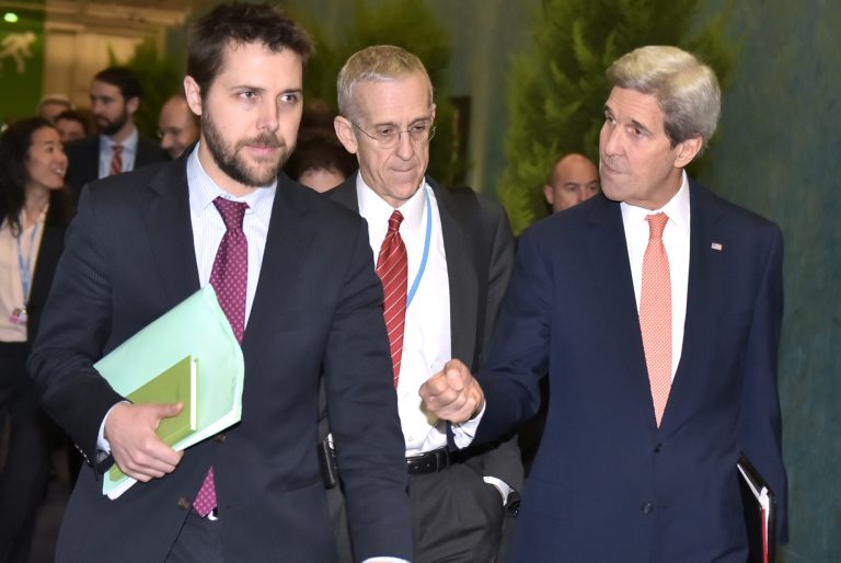 US Secretary of State John Kerry, right, walks with White House senior advisor Brian Deese, left, and US Special Envoy for Climate Change Todd Stern, center. The EPA now will try to fend off challenges from 27 states saying the Clean Power Plan is unconstitutional. (Mandel Ngan Pool via AP)