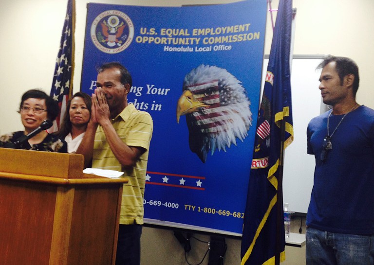 Khamjuan Namwichai, center, greets reporters at a news conference in Honolulu on Tuesday, June 3, 2013. Namwichai spoke in Thai to describe unsanitary conditions working at Hawaii farms, as Mimi Cheou, an Equal Employment Opportunity Commission (EEOC) investigator, left, translates. Also pictured are Anna Park, EEOC Los Angeles regional attorney, second from left, and Thai worker Likhit Yoo-on. The U.S. EEOC announced details of settlements totaling $2.4 million by four farms the agency sued for discriminating against hundreds of Thai workers. (AP Photo/Jennifer Sinco Kelleher)