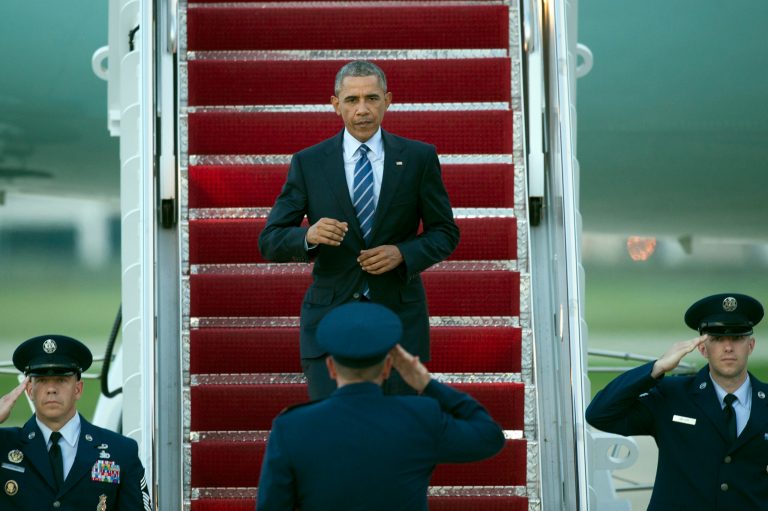 President Barack Obama prepares an Air Force welcoming party as he exits Air Force One at Andrews Air Force Base, Md., Tuesday, July 14, 2015. Obama is returning from Philadelphia where he addressed the NAACP's 106th national convention, and attend a Democratic fundraiser. (AP Photo/Cliff Owen)