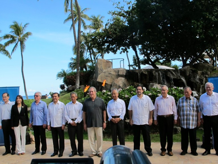 Trade ministers from 12 Pacific Rim nations negotiating the Trans-Pacific Partnership agreement pose for a group photo at a meeting in Lahaina, Hawaii on Thursday, July 30, 2015. (AP Photo/Audrey McAvoy)
