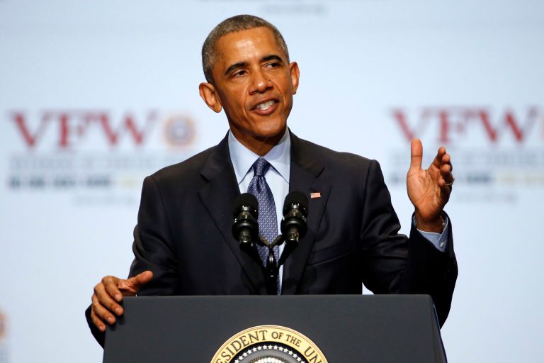 President Barack Obama addresses the Veterans of Foreign Wars National Convention at the David Lawrence Convention Center in Pittsburgh Tuesday, July 21, 2015. (AP Photo/Gene J. Puskar)