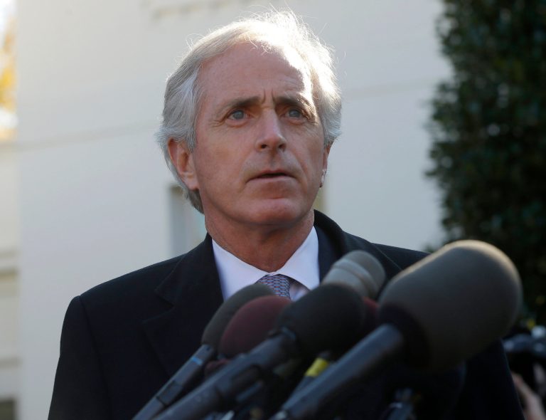 Sen. BobÃÂ Corker, R-Tenn., speaks to members of the media outside the West Wing on Tuesday following a meeting with President Obama. (AP/Pablo Martinez Monsivais)