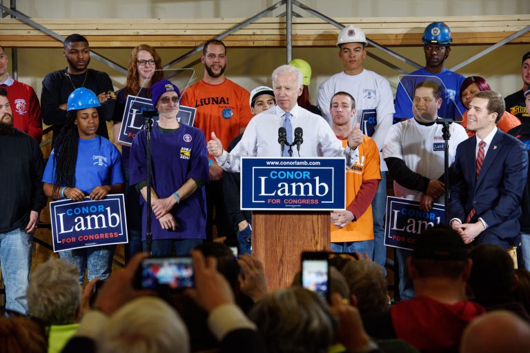 Former Vice President Joe Biden speaks at a rally for Conor Lamb, Democratic candidate for Pennsylvania's 18th Congressional District, at the Carpenters Training Center on March 6 in Collier Township, Pa. (Photo by Justin Merriman)