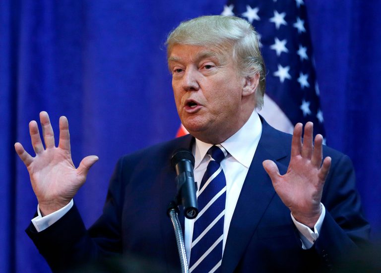 Republican presidential candidate Donald Trump at a GOP fundraising event, Tuesday, in Birch Run, Mich. (AP Photo/Carlos Osorio)