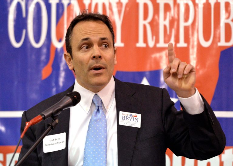 Kentucky Republican Senate candidate Matt Bevin speaks at the Spencer County GOP Lincoln Day Dinner in Fisherville, Ky., on Feb. 7. (AP Photo/Timothy D. Easley, File)