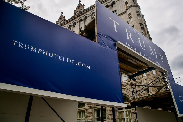 A man walked up to the Trump International Hotel at about 4 p.m. Saturday and spray-painted 