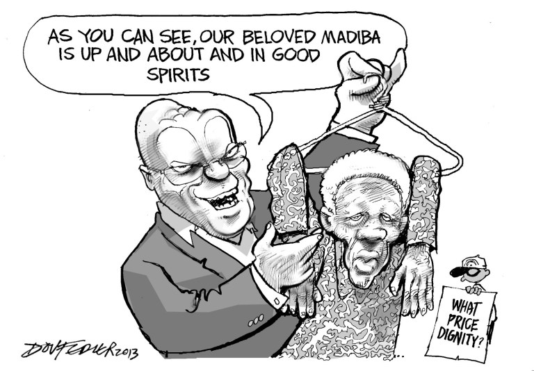 This cartoon supplied by the artist depicts South Africa president Jacob Zuma, left, holding a clothes hanger from which the once robust former president nelson Mandela dangles limply, eyelids sagging. This cartoon by Dov Fedler , which appeared last month, makes light of a visit Zuma, had with Mandela. After the encounter at Mandela's home, Zuma cheerily said the 94-year-old was up and about, in good spirits and doing well. But the images carried by state TV showed Mandela sitting with a blanket covering his legs, silent and unmoving with his cheeks showing what appear to be marks from a recently removed oxygen mask. Mandela did not acknowledge Zuma, who sat right next to Mandela. The footage unsettled some viewers who considered the visit to be a stunt to make Zuma look good. The ANC insisted it had no ulterior motive ahead of elections next year, and that it was only showing respect for a living national treasure. (AP Photo/Dov Fedler) SOUTH AFRICA OUT