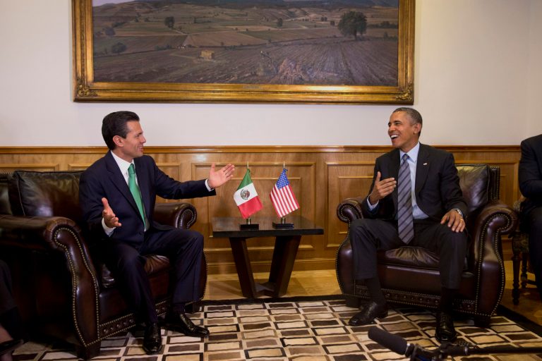 President Barack Obama meets with Mexican President Enrique PeÃ±a Nieto at the state government palace in Toluca, Mexico on Wednesday, Feb. 19, 2014, before the seventh trilateral North American Leaders Summit Meeting. This year's theme is Ã?North American Competitiveness.Ã? (AP Photo/Jacquelyn Martin)