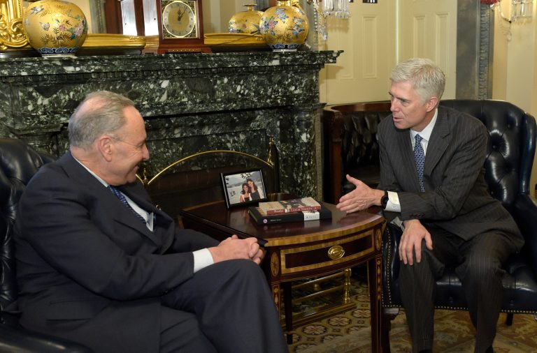 Senate Minority Leader Charles Schumer of N.Y. meets with Supreme Court nominee Neil Gorsuch on Capitol Hill in Washington, Tuesday, Feb. 7, 2017. (AP Photo/Susan Walsh)