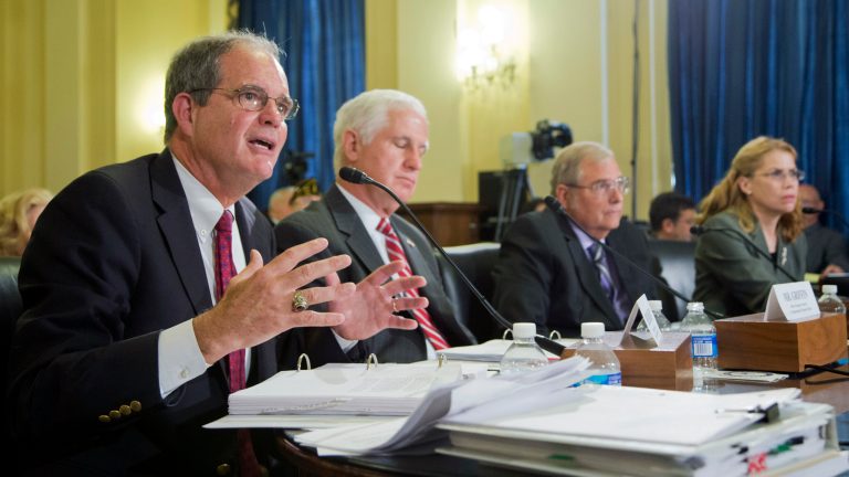 Assistant Inspector General for Healthcare Inspections John Daigh, from left, Department of Veterans Affairs Acting Inspector General Richard Griffin; retired Medical Director Samuel Foote, of the Diamond Community-Based Outpatient Center, Phoenix VA Health Care System, Veterans Health Administration; and Medical Director Katherine Mitchell of the Iraq and Afghanistan Post-Deployment Center, Phoenix VA Health Care System, Veterans Health Administration, testify during a House Committee on Veterans' Affairs hearing on 