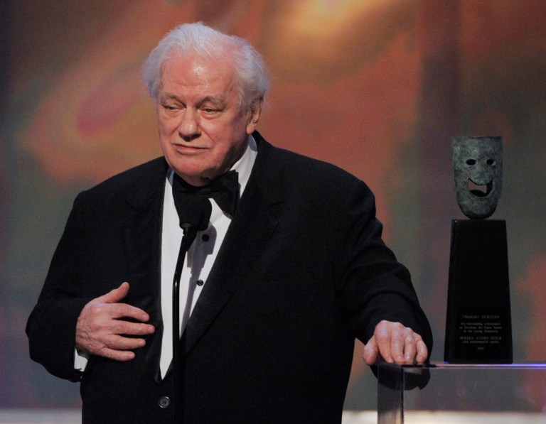   FILE - In this Sunday, Jan. 27, 2008 file photo, in Los Angeles file photo, actor Charles Durning accepts the life achievement award at the 14th Annual Screen Actors Guild Awards. Durning, the two-time Oscar nominee who was dubbed the king of the character actors for his skill in playing everything from a Nazi colonel to the pope, died Monday, Dec. 24, 2012 at his home in New York City. He was 89. (AP Photo/Mark J. Terrill)  