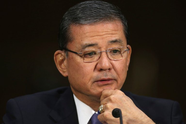 Veterans Affairs Secretary Eric Shinseki is sworn in on Capitol Hill on May 15, prior to testifying before the Senate Veterans Affairs Committee hearing to examine the state of Veterans Affairs health care. (Getty Images)