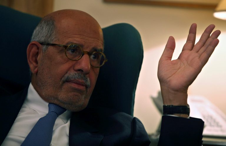 Egypt's leading opposition leader Mohamed El Baradei speaks to a small group of journalists including The Associated Press at his house in the outskirts of Cairo, Egypt. Tuesday, April 30, 2013. El Baradei said a deeply polarized Egypt needs political consensus to tackle a burning economic crisis and deal with an angry population that has lost hope in its political elite. (AP Photo/Khalil Hamra)