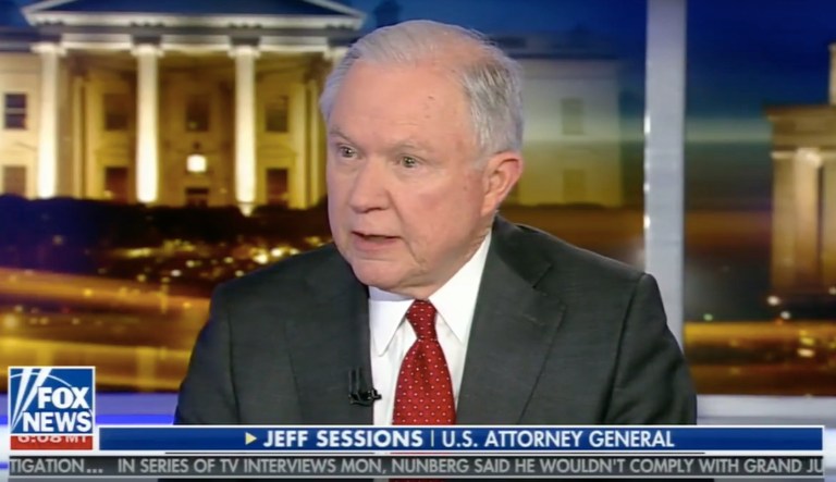 Attorney General Jeff Sessions appeared opposite Tucker Carlson on Fox News Friday night. (screenshot via Fox News)