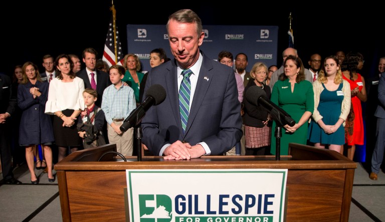 Republican gubernatorial candidate Ed Gillespie pauses as he delivers a concession speech during an election party in Richmond, Va., Tuesday, Nov. 7, 2017. Gillespie lost to Democrat Ralph Northam. (AP Photo/Steve Helber)