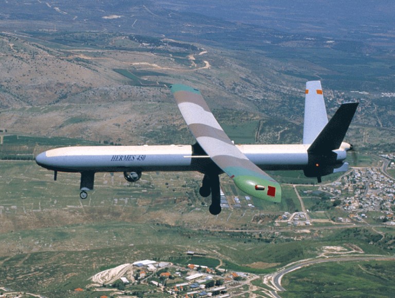 This undated handout from Elbit Systems Ltd. shows a Hermes 450 unmanned airborn vehicle (UAV) in flight.Â The drones are among the high-technology border security measures officials under presidents George W. Bush and Barack Obama said made it unnecessary to build a new security fence along the entire length of the U.S. border with Mexico.Â (Photo by Elbit Systems Ltd. via Getty images)