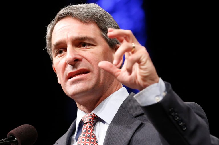 Former Virginia Attorney General Ken Cuccinelli gestures as he addresses the Virginia GOP Convention in Roanoke, Va., on June 7. (AP Photo/Steve Helber)
