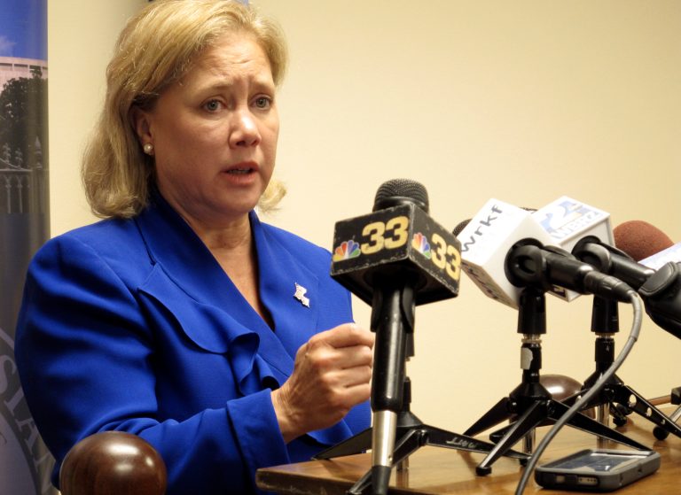 U.S. Sen. Mary Landrieu, a Democrat, talks to reporters after signing her qualifying paperwork to run for re-election on Wednesday, Aug. 20, 2014, in Baton Rouge, La. Landrieu is seeking a fourth term. (AP Photo/Melinda Deslatte)