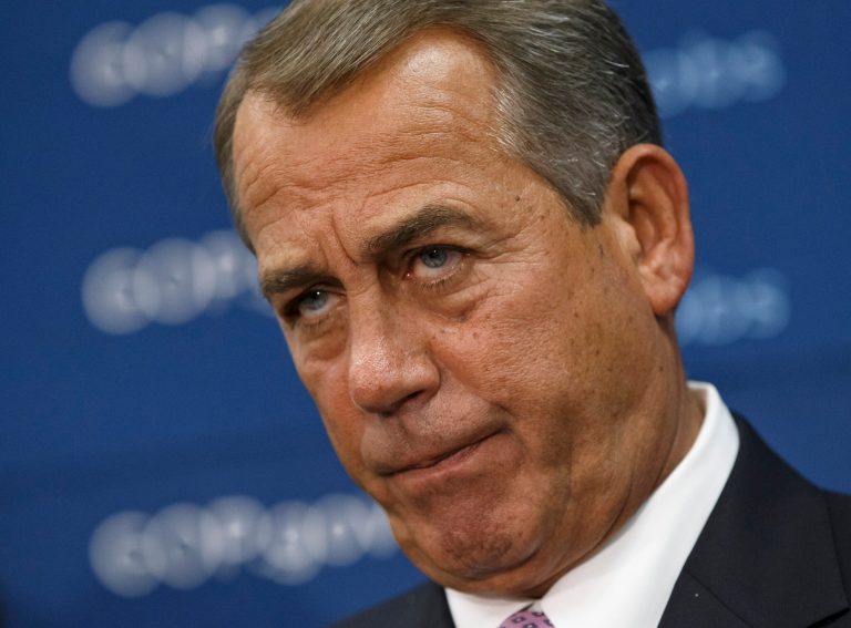 House Speaker John Boehner, of Ohio, and GOP leaders face reporters on Capitol Hill in Washington, Tuesday, Jan. 14, 2014, after a weekly House Republican Conference meeting. The Republicans tied the recent stagnant employment reports to the policies of President Barack Obama and Democratic lawmakers.  (AP Photo/J. Scott Applewhite)