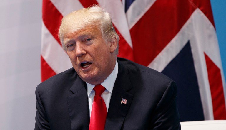 He later deleted the tweet and sent a new one with the correct handle. (AP Photo/Evan Vucci)