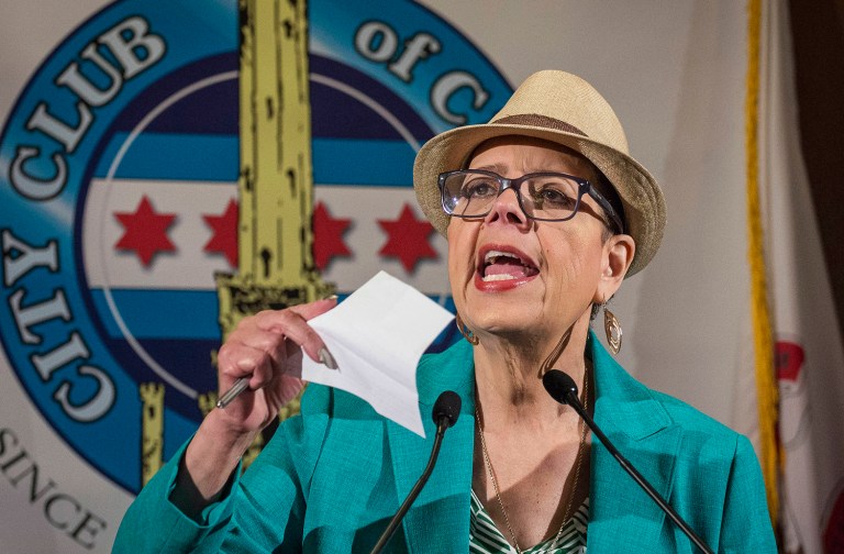 Chicago Teachers Union President Karen Lewis speaks to the City Club of Chicago Wednesday, April 20, 2016. Lewis accused first-term Republican Gov. Bruce Rauner of 