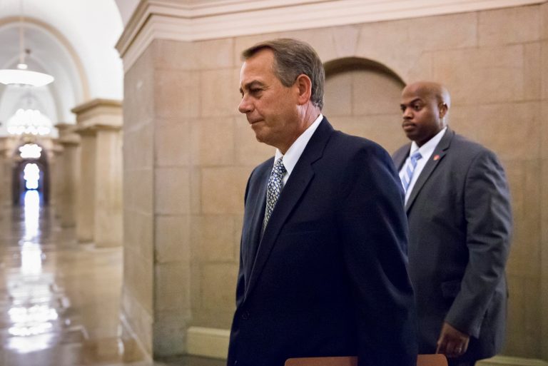 House Speaker John Boehner of Ohio arrives on Capitol Hill in Washington, Monday, Oct. 7, 2013. The Republican-controlled House and the Democrat-controlled Senate are at an impasse, neither side backing down, after House GOP conservatives linked the funding bill to President Obama's existent health care law. (AP Photo/J. Scott Applewhite)