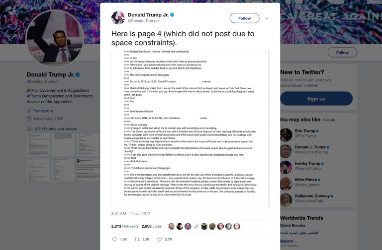 After Donald Trump Jr. turned over the entire email chain he had on the affair, the press has had a field day finding people to make ever-more ludicrous claims about his possible legal exposure. (Twitter via AP)