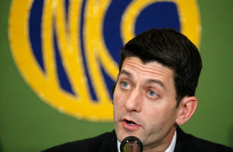 Rep. Paul Ryan, R-Wis., chairman of the House Ways and Means Committee, speaks during a press conference at the Japan National Press Club in Tokyo, Thursday, Feb. 19, 2015. (AP Photo/Shizuo Kambayashi)