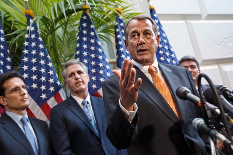 House Speaker John Boehner of Ohio, right, speaks at a news conference, accompanied by House Majority Leader Eric Cantor of Va., left, and House Majority Whip Kevin McCarthy of Calif. (AP/J. Scott Applewhite)