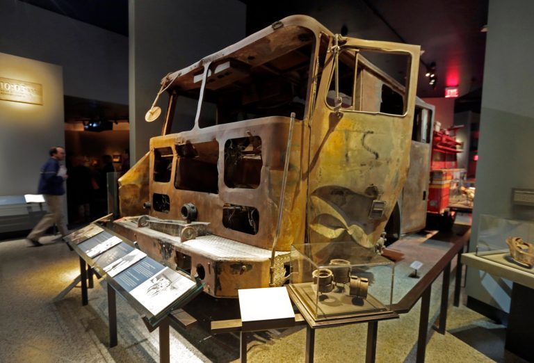 The remains of New York City Fire Dept. truck from Engine Company 21 are displayed at the National Sept. 11 Memorial Museum, Wednesday, May 14, 2014, in New York.  (AP Photo)