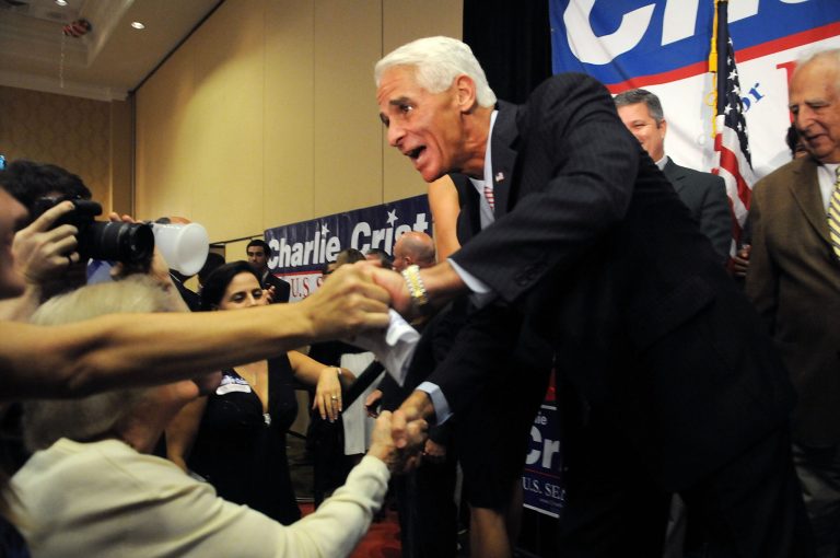 ST PETERSBURG, FL - NOVEMBER 02:  Florida independent senate candidate Charlie Crist greets his supporters during the Election Night Gathering on November 2, 2010 in St Petersburg, Florida. Senate candidate Charlie Crist was defeated by his Republican opponent Marco Rubio.  (Photo by Gerardo Mora/Getty Images)