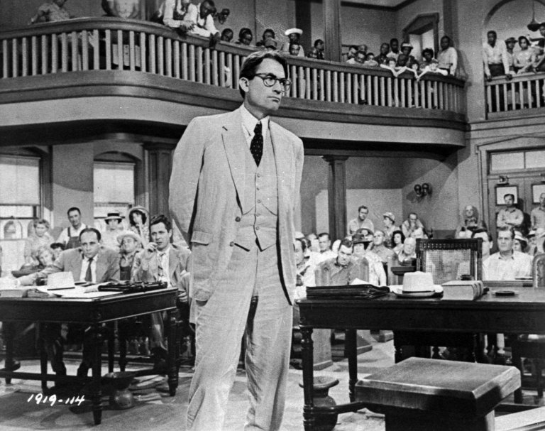 Gregory Peck is shown as attorney Atticus Finch, a small-town Southern lawyer who defends a black man accused of rape, in a scene from the 1962 movie 