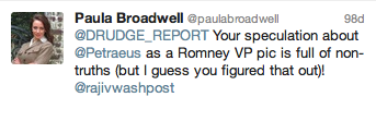 In August, Paula Broadwell lashed out at Drudge for Petraeus Veep report